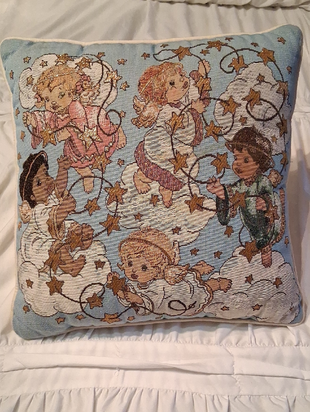 Vintage Tapestry Cherub Pillow with Star Motif - Sky Blue